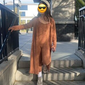 Stylish Brown Long Cardigan and Jumpsuit Set